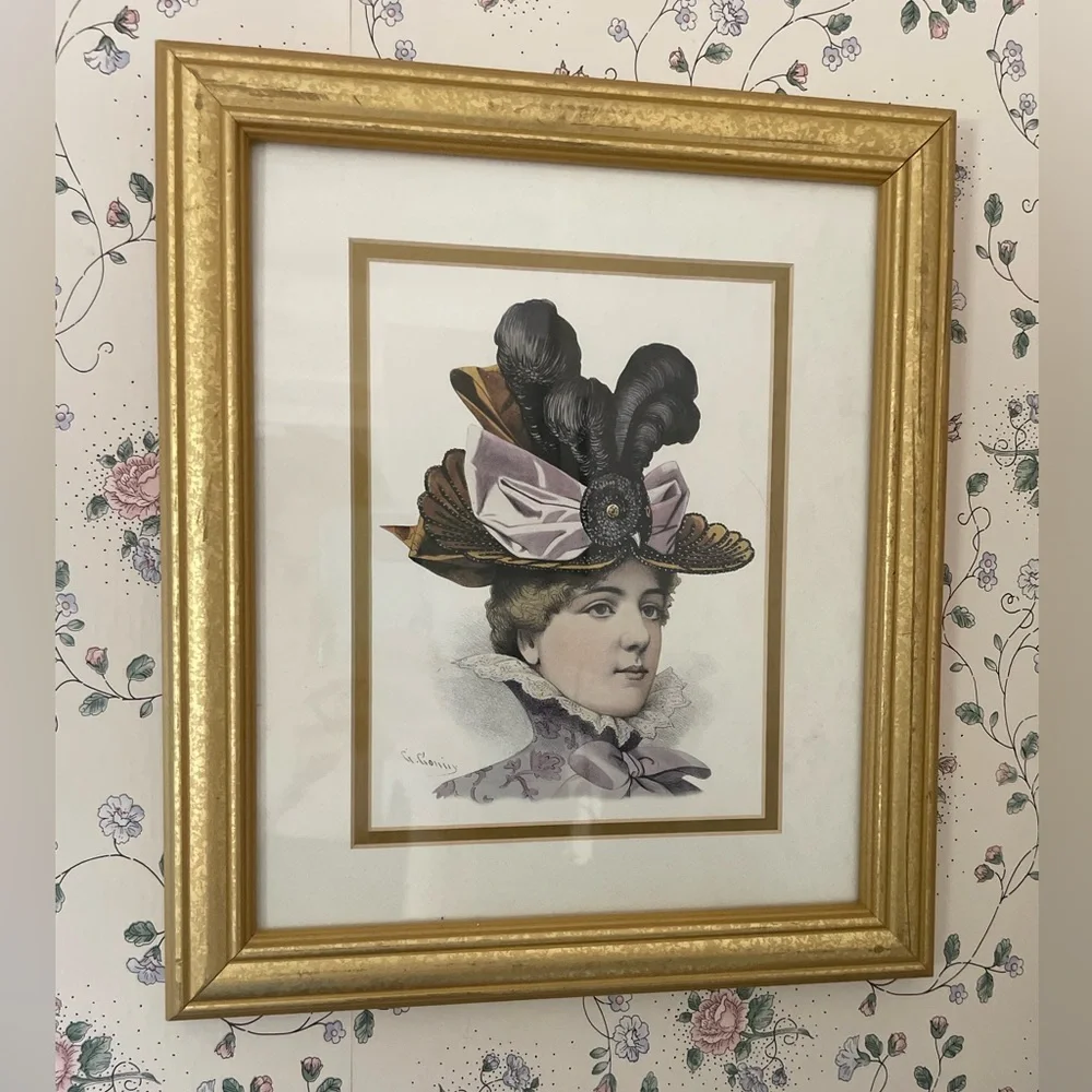 G Gonik 12x14 Victorian Lady Portrait in Gold Frame - Purple Hat Accent